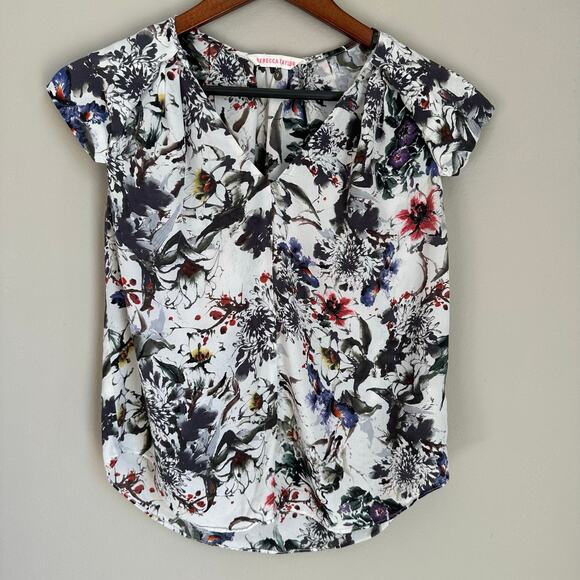 Rebecca Taylor Silk Gray Floral Blouse Romantic Boho V-Neck Flutter Sleeve - Picture 1 of 9